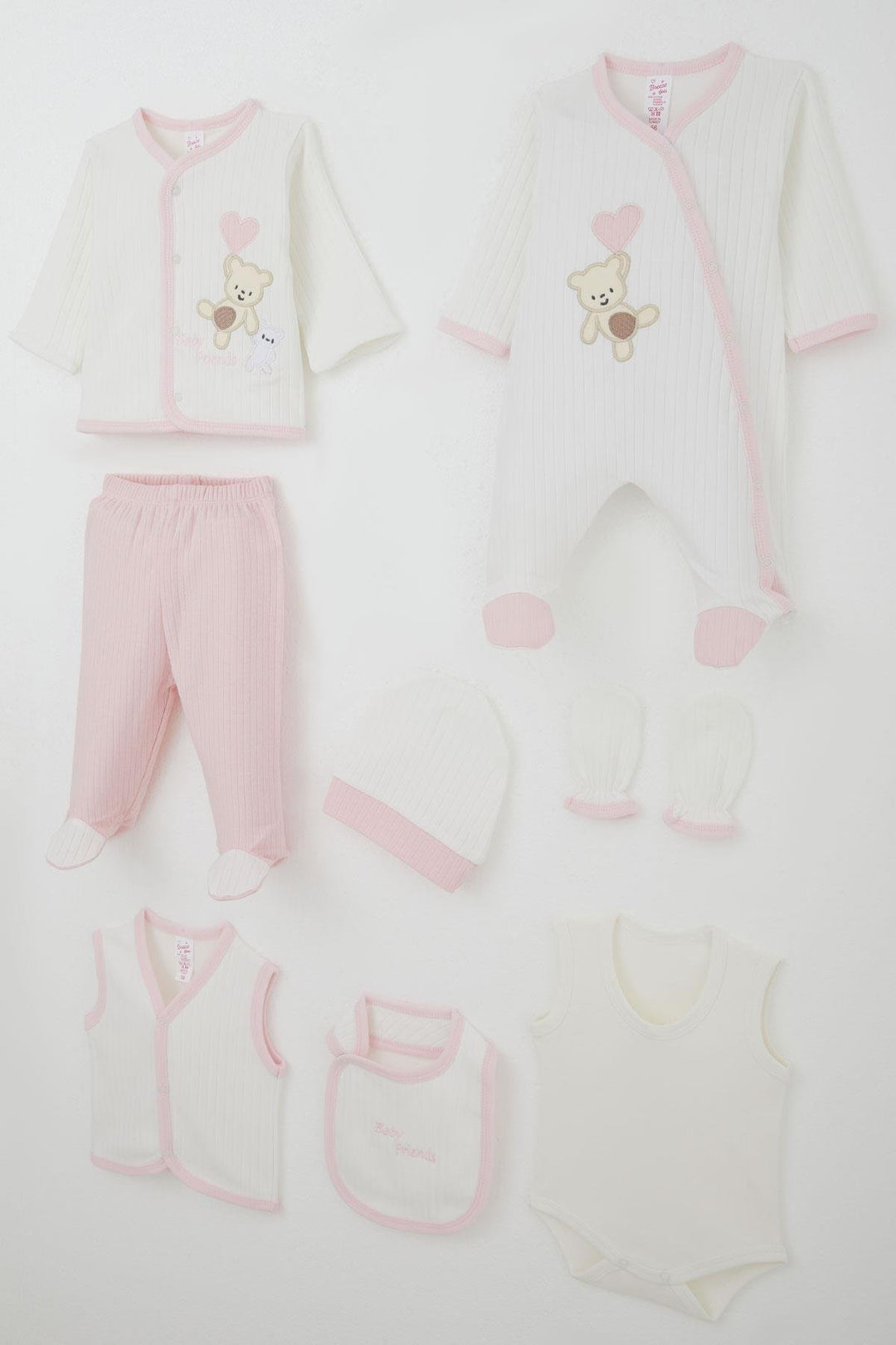 BRE Breeze Baby Girl Hospital Outfit 8 Piece Baby Bear Embroidered Heart 0-3 Months, White - Dunstable