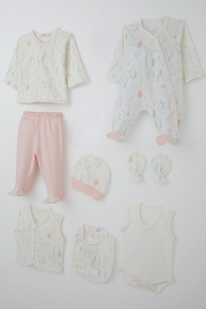 BRE Breeze Baby Girl Hospital Outfit 8 Piece Spring Themed Flower Patterned 0-3 Months, Ecru - Hilo