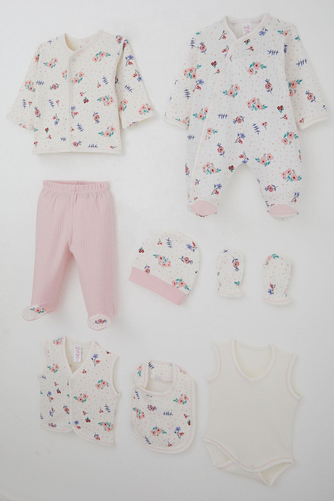 BRE Breeze Baby Girl Hospital Outfit 8 Piece Flower Patterned Polka Dot Detailed 0-3 Months, Ecru - Wetzlar