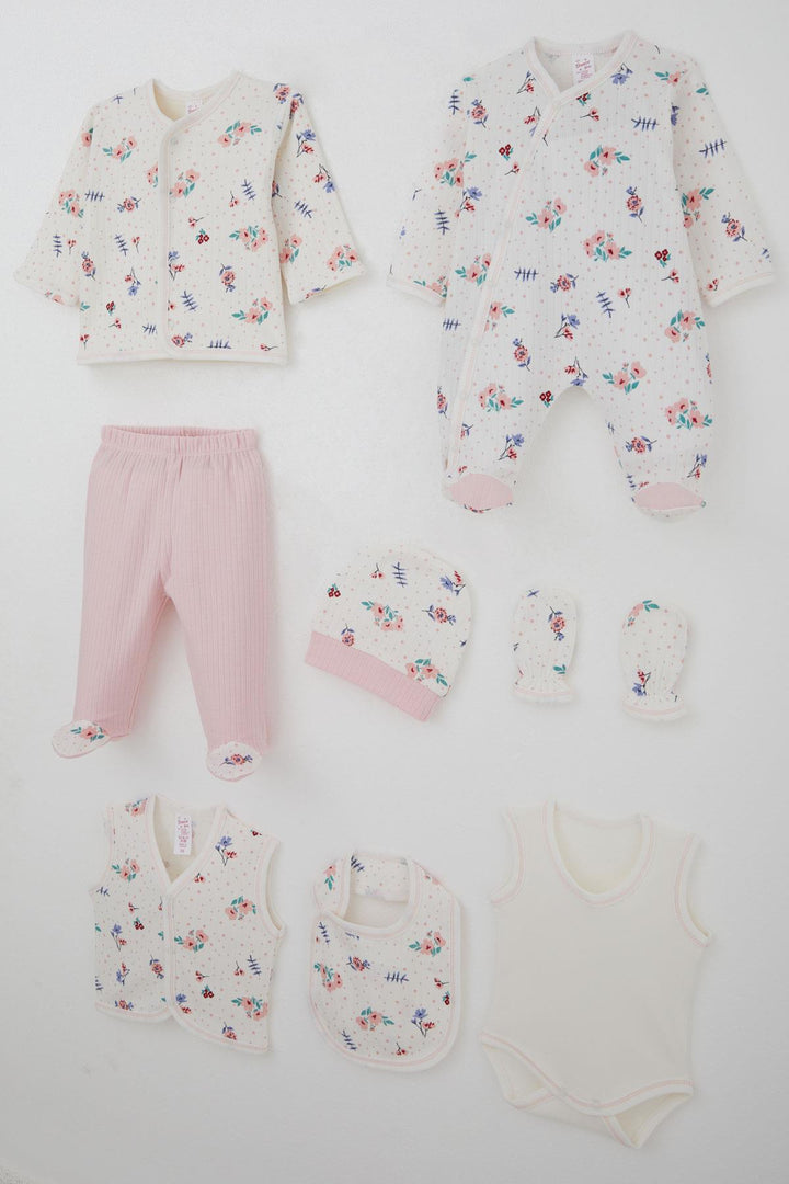 BRE Breeze Baby Girl Hospital Outfit 8 Piece Flower Patterned Polka Dot Detailed 0-3 Months, Ecru - Wetzlar