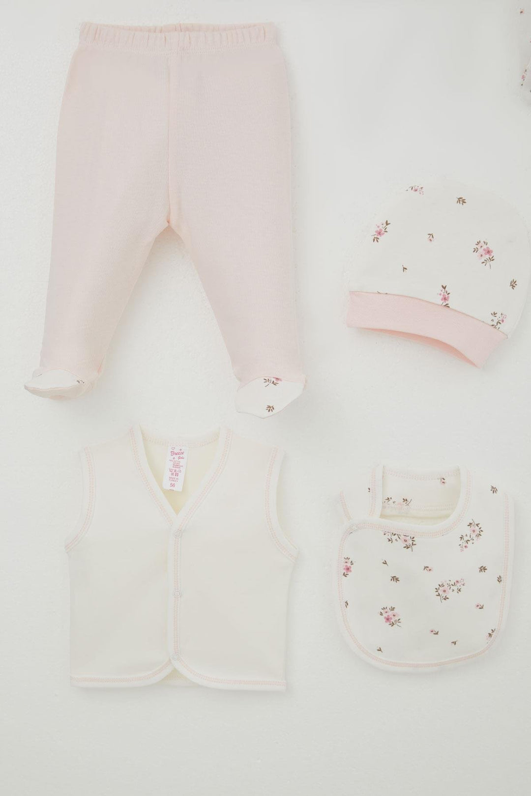 BRE Breeze Baby Girl Hospital Outfit 8 Piece Flower Patterned 0-3 Months, Ecru - Brick