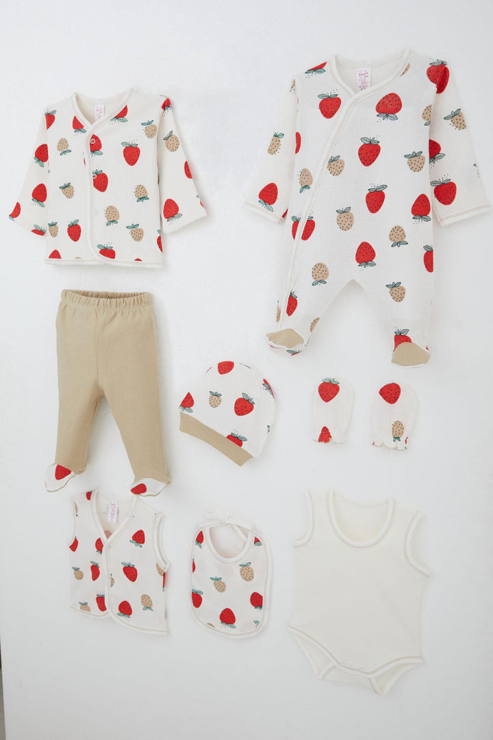 BRE Breeze Baby Girl Hospital Outfit 8 Piece Strawberry Garden Patterned 0-3 Months, Ecru - Lugoj