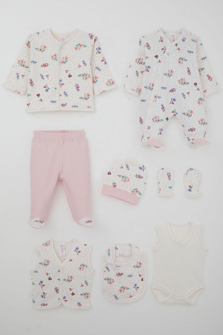 BRE Breeze Baby Girl Hospital Outfit 8 Piece Flower Patterned Polka Dot Detailed 0-3 Months, Ecru - Wetzlar