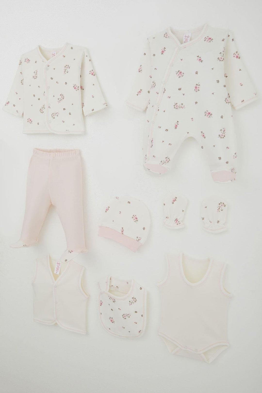 BRE Breeze Baby Girl Hospital Outfit 8 Piece Flower Patterned 0-3 Months, Ecru - Brick