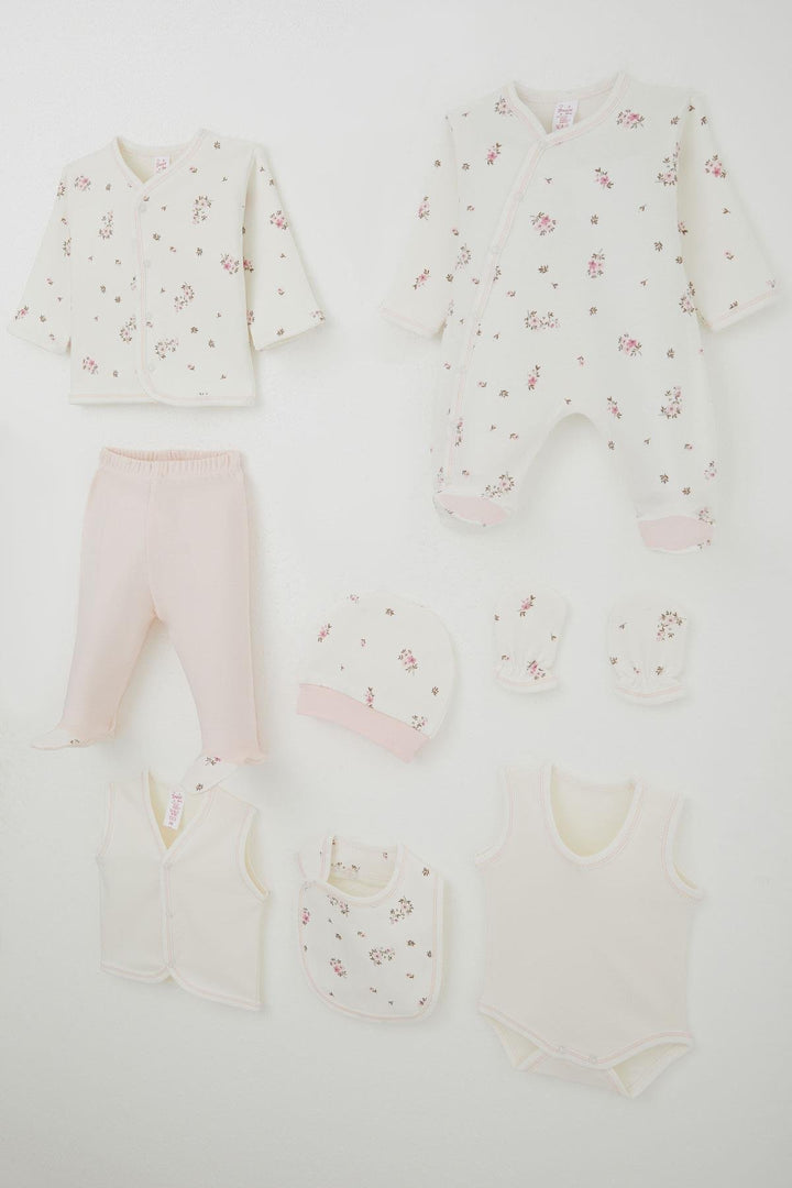 BRE Breeze Baby Girl Hospital Outfit 8 Piece Flower Patterned 0-3 Months, Ecru - Brick