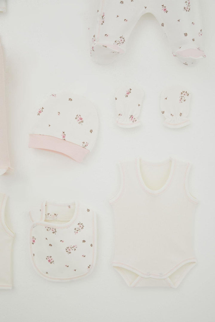 BRE Breeze Baby Girl Hospital Outfit 8 Piece Flower Patterned 0-3 Months, Ecru - Brick