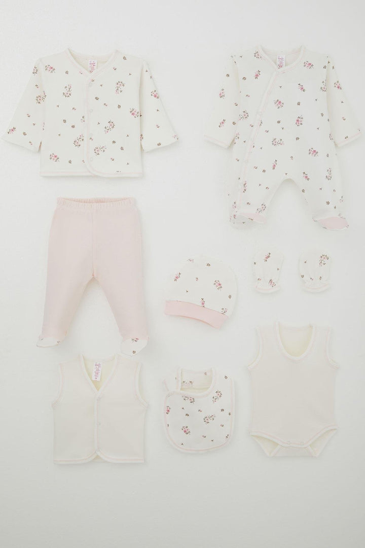 BRE Breeze Baby Girl Hospital Outfit 8 Piece Flower Patterned 0-3 Months, Ecru - Malden
