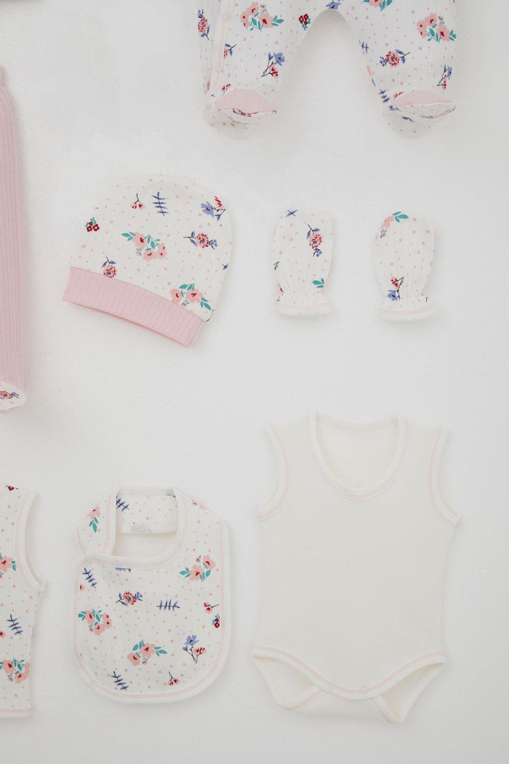 BRE Breeze Baby Girl Hospital Outfit 8 Piece Flower Patterned Polka Dot Detailed 0-3 Months, Ecru - Wetzlar