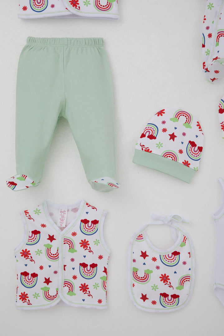 BRE Breeze Baby Girl Hospital Outfit 8 Piece Rainbow Fairy Tale Flower Patterned 0-3 Months, White - Mission