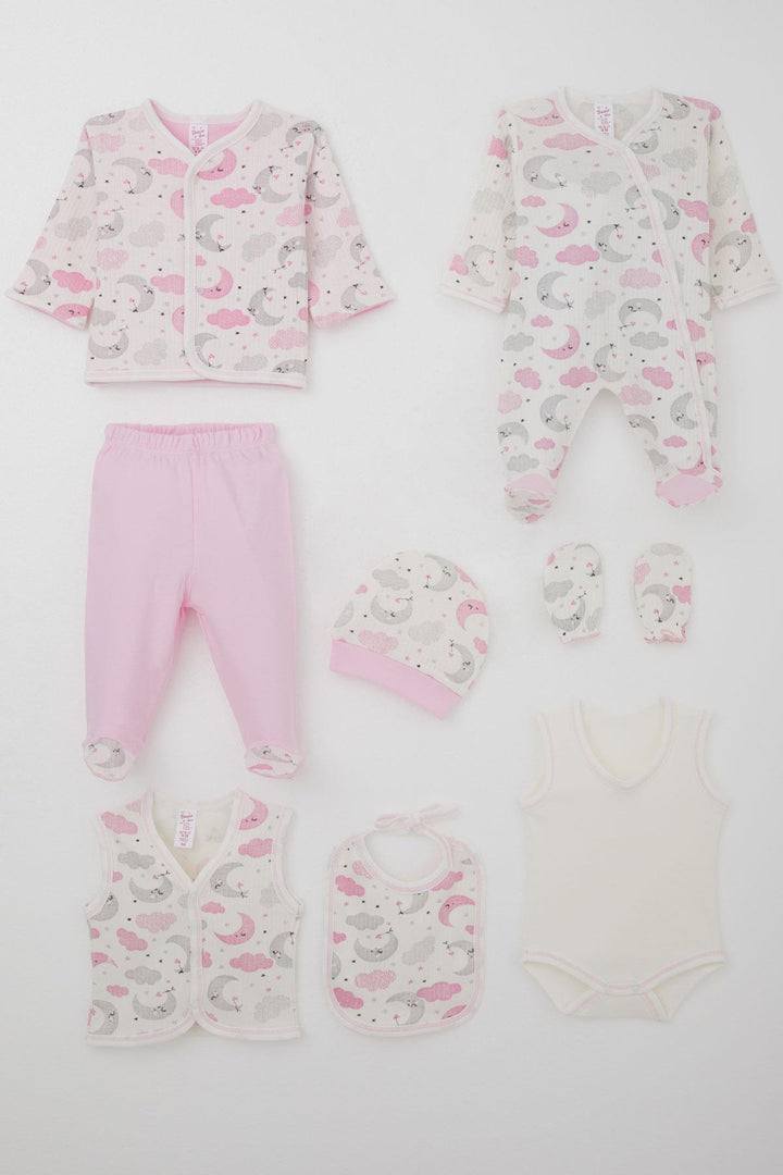 BRE Breeze Baby Girl Hospital Outfit 8 Piece Sky Themed Sleepwear Set with Moon Pattern 0-3 Months, Ecru - Navarre