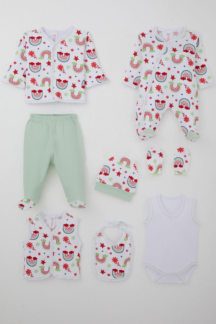 BRE Breeze Baby Girl Hospital Outfit 8 Piece Rainbow Fairy Tale Flower Patterned 0-3 Months, White - Mission
