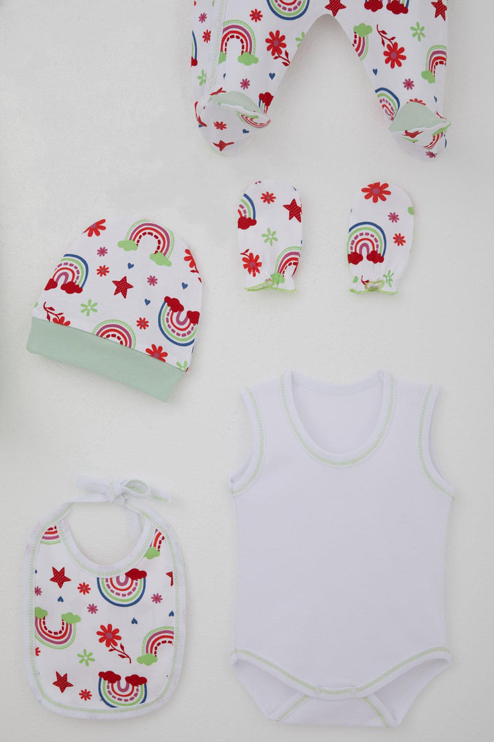 BRE Breeze Baby Girl Hospital Outfit 8 Piece Rainbow Fairy Tale Flower Patterned 0-3 Months, White - Mission