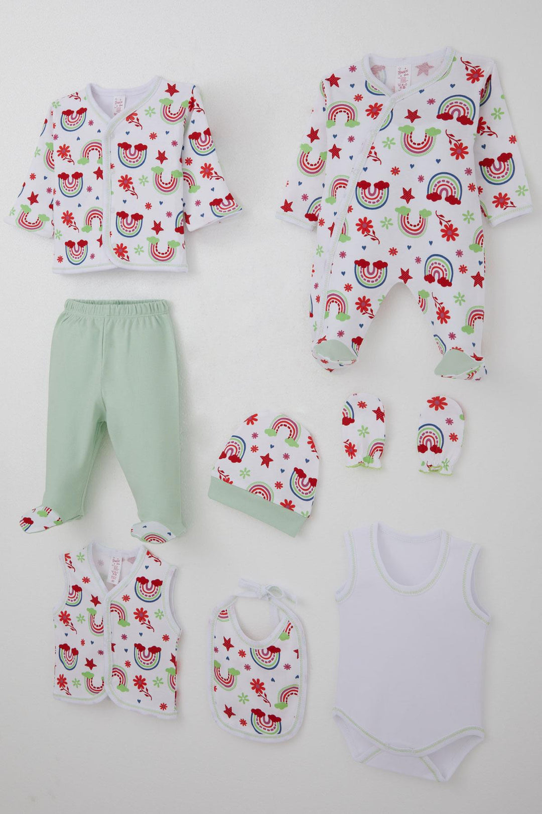 BRE Breeze Baby Girl Hospital Outfit 8 Piece Rainbow Fairy Tale Flower Patterned 0-3 Months, White - Mission