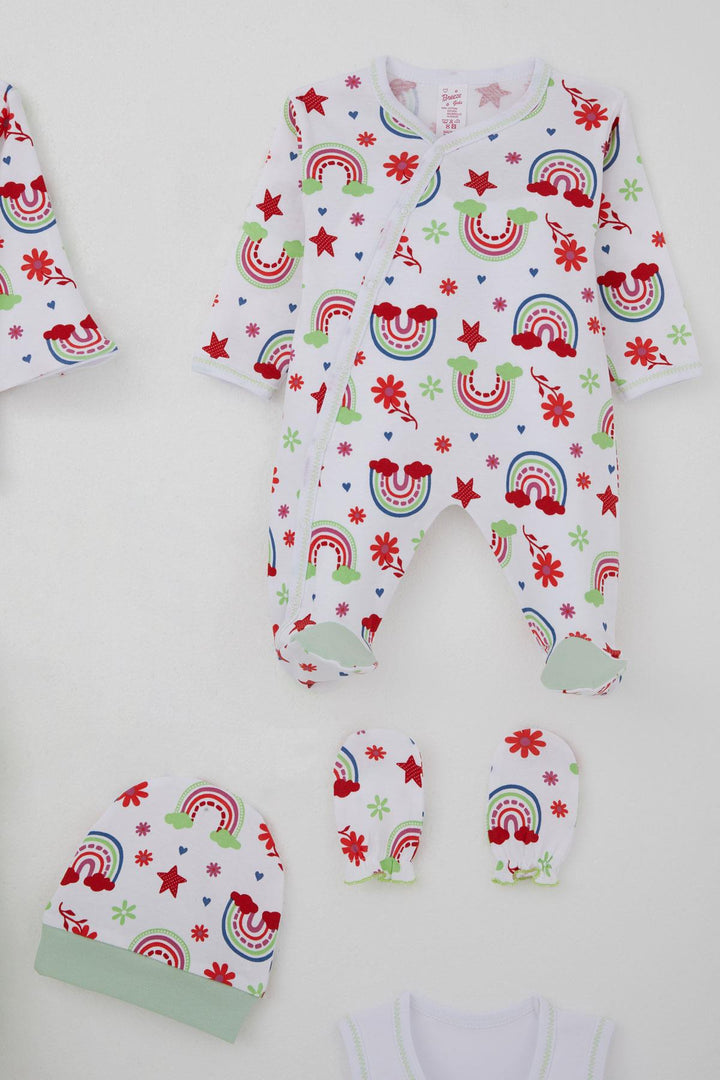 BRE Breeze Baby Girl Hospital Outfit 8 Piece Rainbow Fairy Tale Flower Patterned 0-3 Months, White - Mission