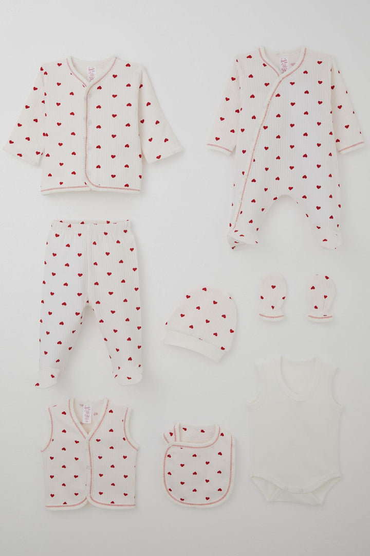 BRE Breeze Baby Girl Hospital Outfit 8 Piece Heart Patterned 0-3 Months, Ecru - Beaverton