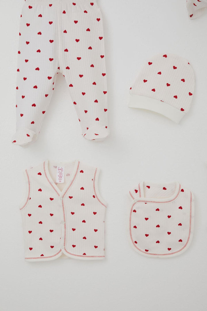 BRE Breeze Baby Girl Hospital Outfit 8 Piece Heart Patterned 0-3 Months, Ecru - Beaverton