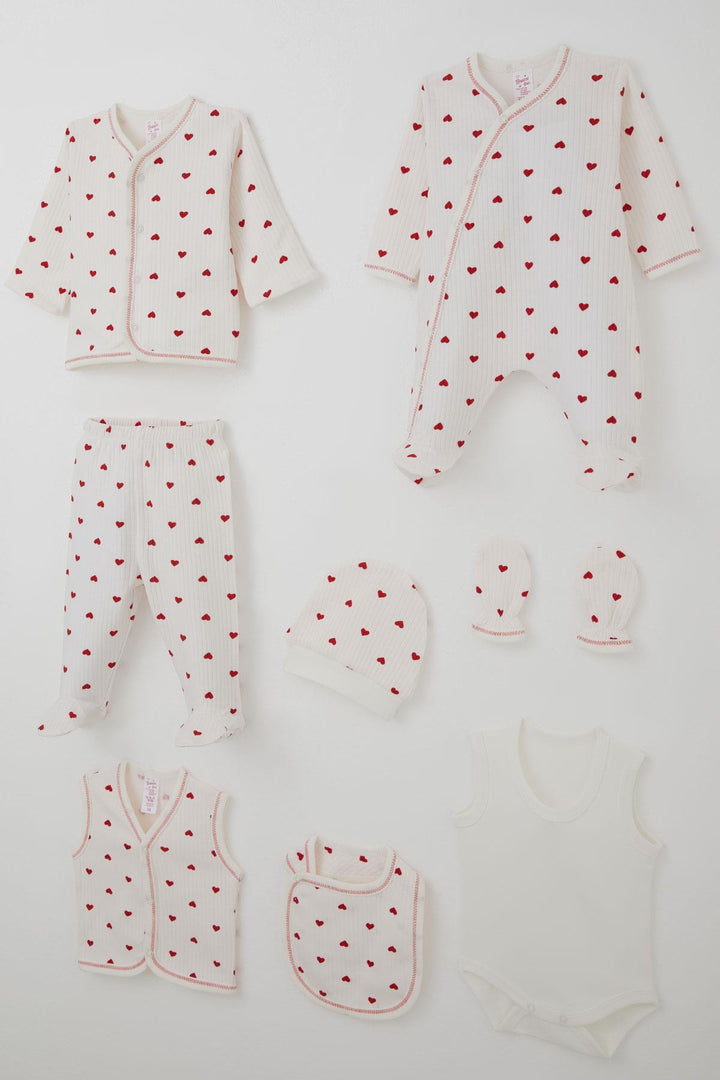 BRE Breeze Baby Girl Hospital Outfit 8 Piece Heart Patterned 0-3 Months, Ecru - Beaverton