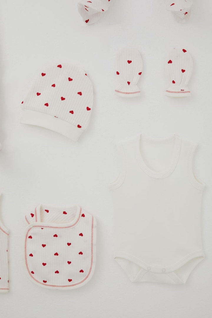 BRE Breeze Baby Girl Hospital Outfit 8 Piece Heart Patterned 0-3 Months, Ecru - Beaverton