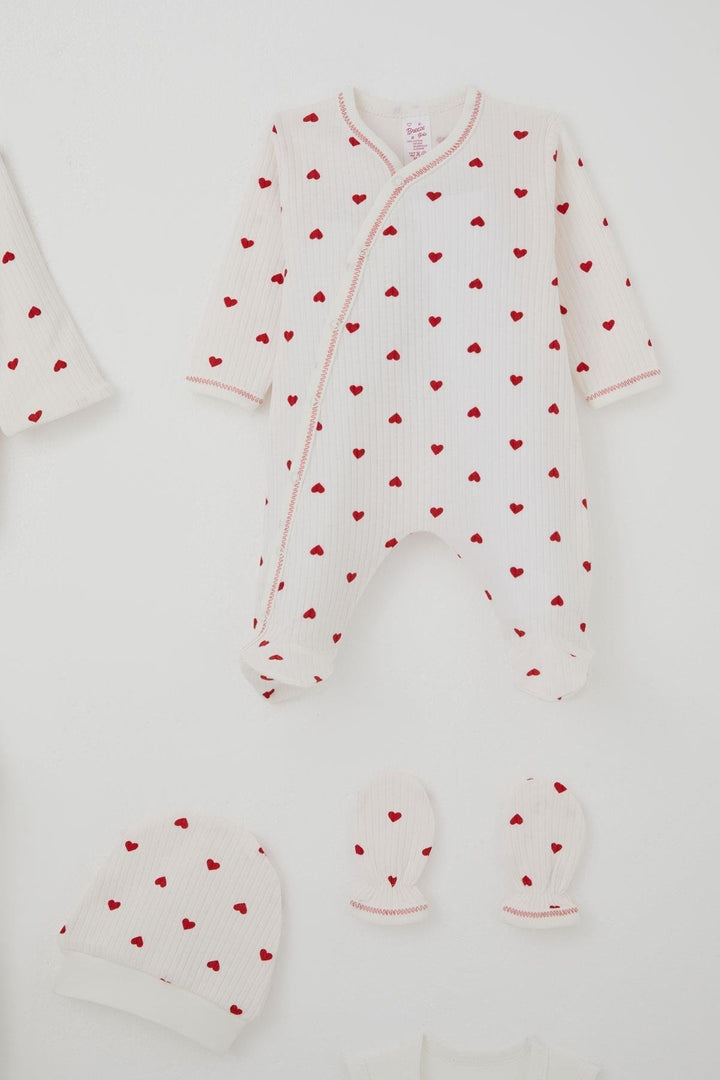 BRE Breeze Baby Girl Hospital Outfit 8 Piece Heart Patterned 0-3 Months, Ecru - Beaverton