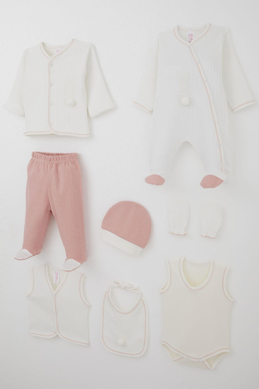 BRE Breeze Baby Girl Hospital Outfit 8 Piece with Pom Pom Bunny Embroidery 0-3 Months, Ecru - Hattingen