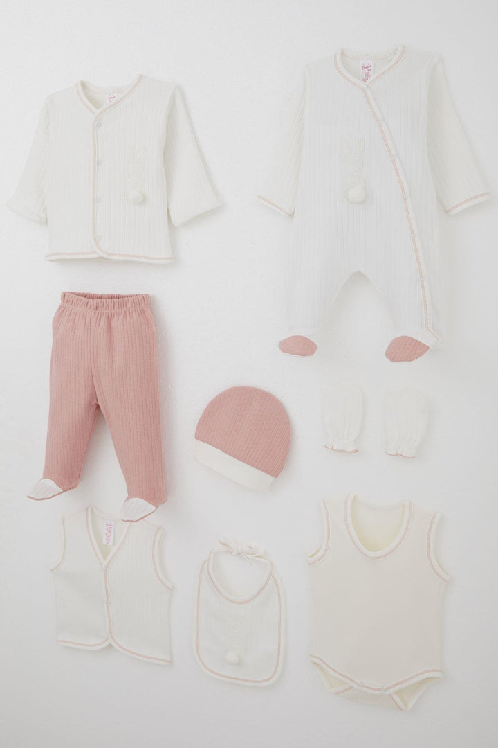 BRE Breeze Baby Girl Hospital Outfit 8 Piece with Pom Pom Bunny Embroidery 0-3 Months, Ecru - Hattingen