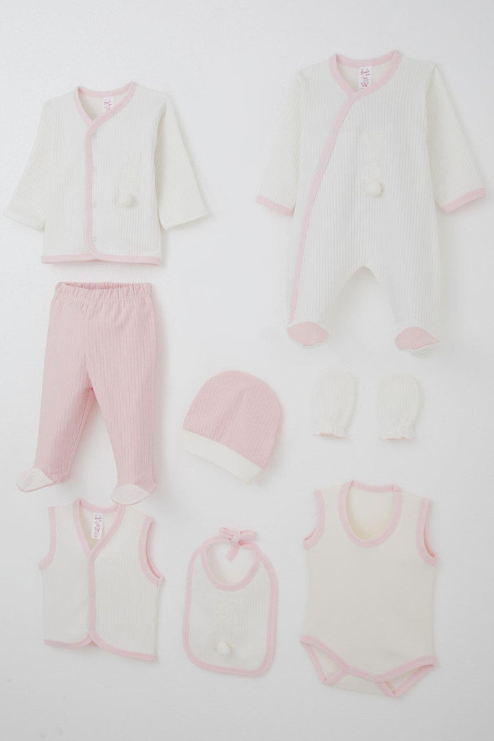 BRE Breeze Baby Girl Hospital Outfit 8 Piece with Pom Pom Bunny Embroidery 0-3 Months, White - Columbus
