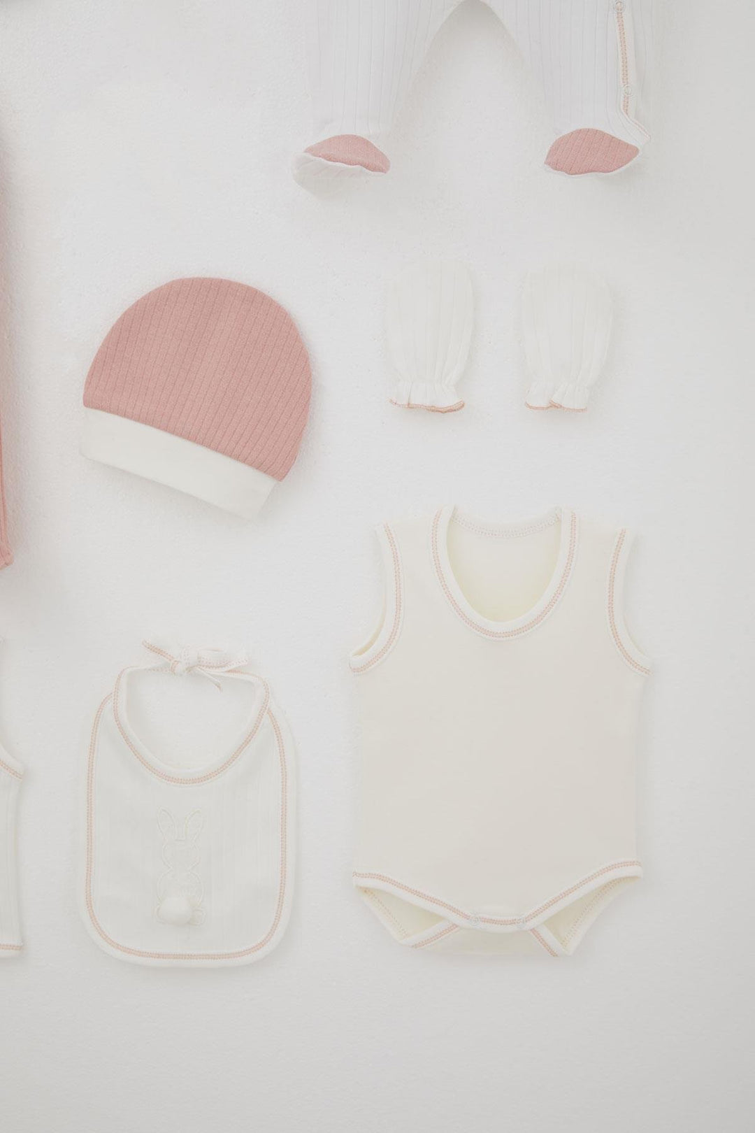 BRE Breeze Baby Girl Hospital Outfit 8 Piece with Pom Pom Bunny Embroidery 0-3 Months, Ecru - Meppen