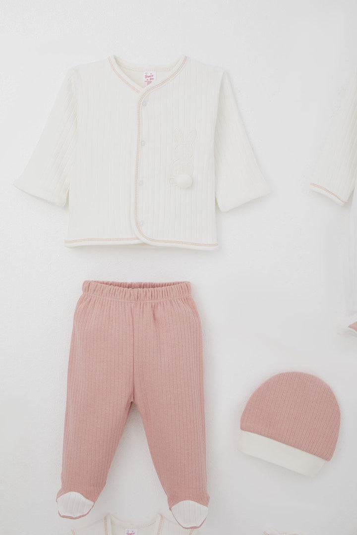 BRE Breeze Baby Girl Hospital Outfit 8 Piece with Pom Pom Bunny Embroidery 0-3 Months, Ecru - Meppen