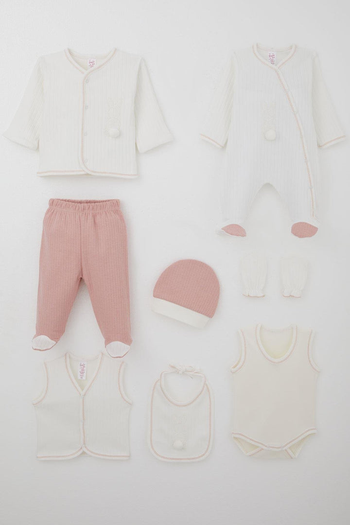 BRE Breeze Baby Girl Hospital Outfit 8 Piece with Pom Pom Bunny Embroidery 0-3 Months, Ecru - Meppen