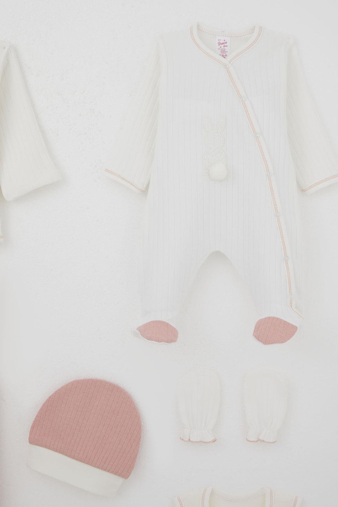 BRE Breeze Baby Girl Hospital Outfit 8 Piece with Pom Pom Bunny Embroidery 0-3 Months, Ecru - Meppen