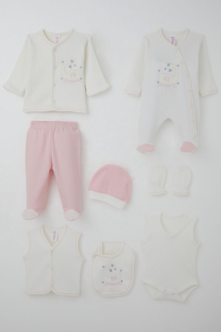 BRE Breeze Baby Girl Hospital Outfit 8 Piece Cute Queen Swan Embroidered 0-3 Months, Ecru - Grays