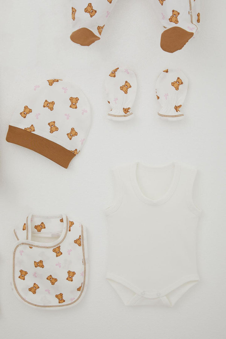 BRE Breeze Baby Girl Hospital Outfit 8 Piece Cute Baby Bear Patterned Bow Detailed 0-3 Months, Ecru - Recklinghausen