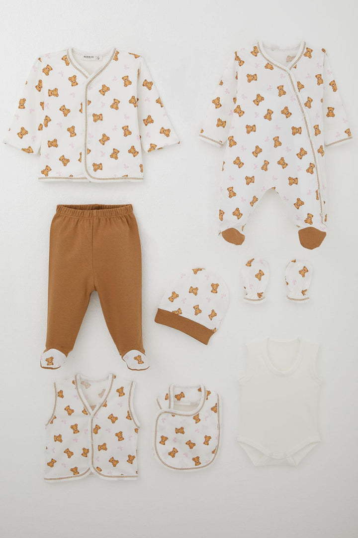 BRE Breeze Baby Girl Hospital Outfit 8 Piece Cute Baby Bear Patterned Bow Detailed 0-3 Months, Ecru - Recklinghausen