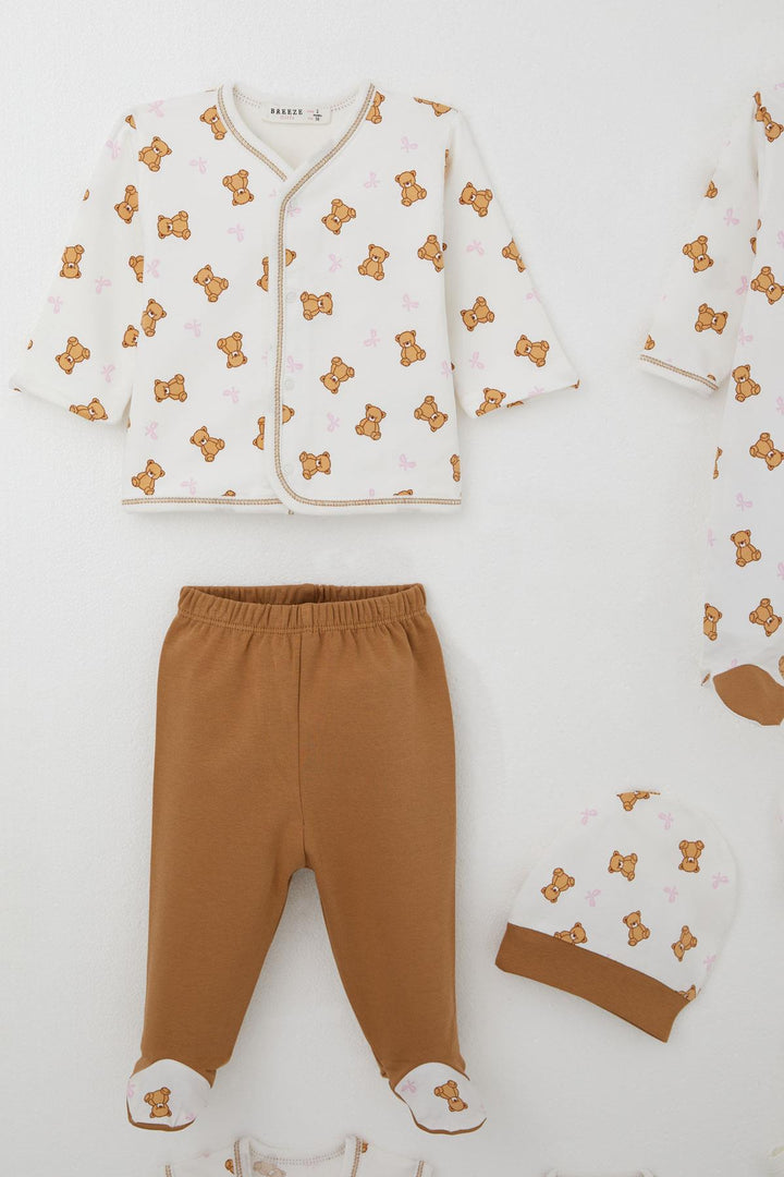 BRE Breeze Baby Girl Hospital Outfit 8 Piece Cute Baby Bear Patterned Bow Detailed 0-3 Months, Ecru - Recklinghausen