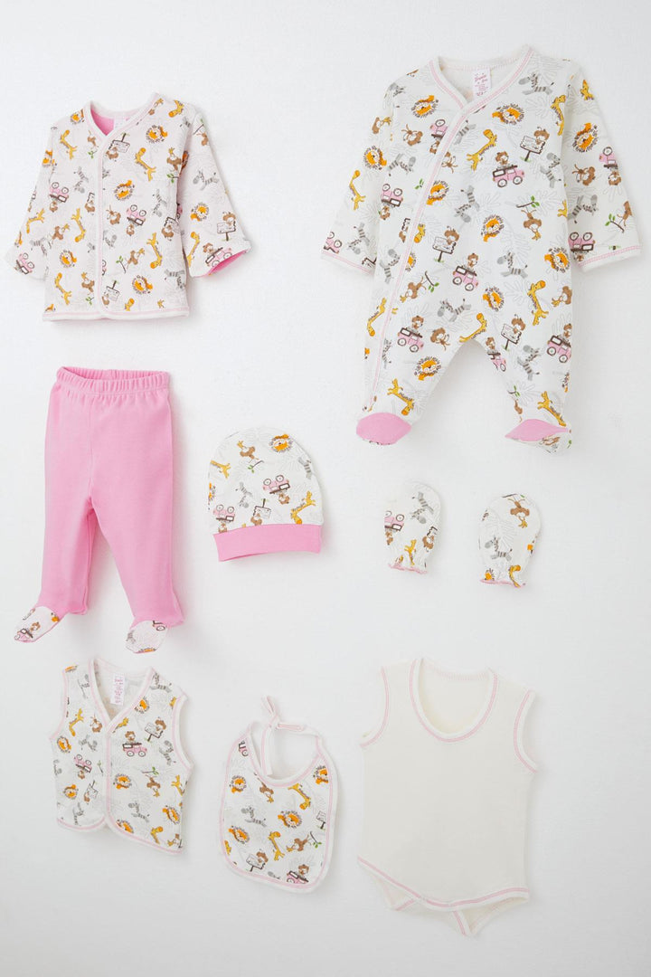 BRE Breeze Kız Bebek Hastane Çıkışı 8 Li Safari Macerası Sevimli Hayvancıklar Desenli 0-3 Ay, Ekru - Arvada