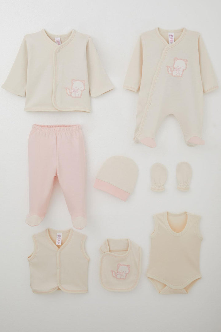 BRE Breeze Baby Girl Hospital Outfit 8 Piece Cute Cat Embroidered Bow 0-3 Months, Cream - Bollate