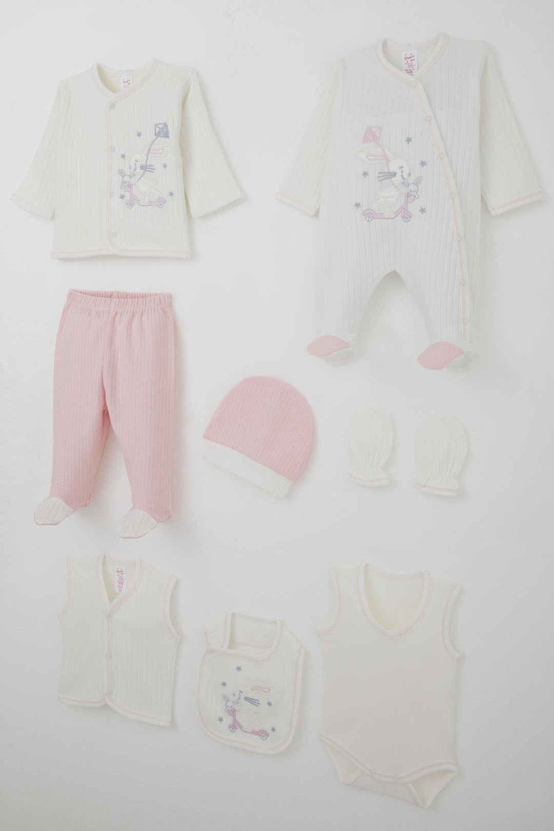 BRE Breeze Baby Girl Hospital Exit 8 Piece Scooter Fairy Kite Flying Bunny Embroidered 0-3 Months, White - Luton