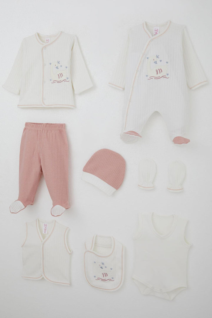 BRE Breeze Baby Girl Hospital Outfit 8 Piece Cute Queen Swan Embroidered 0-3 Months, Ecru - Rouen