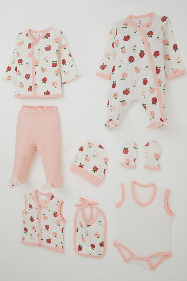 BRE Breeze Baby Girl Hospital Outfit 8 Pieces Cute Little Apple Patterned 0-3 Months, Ecru - Pinner