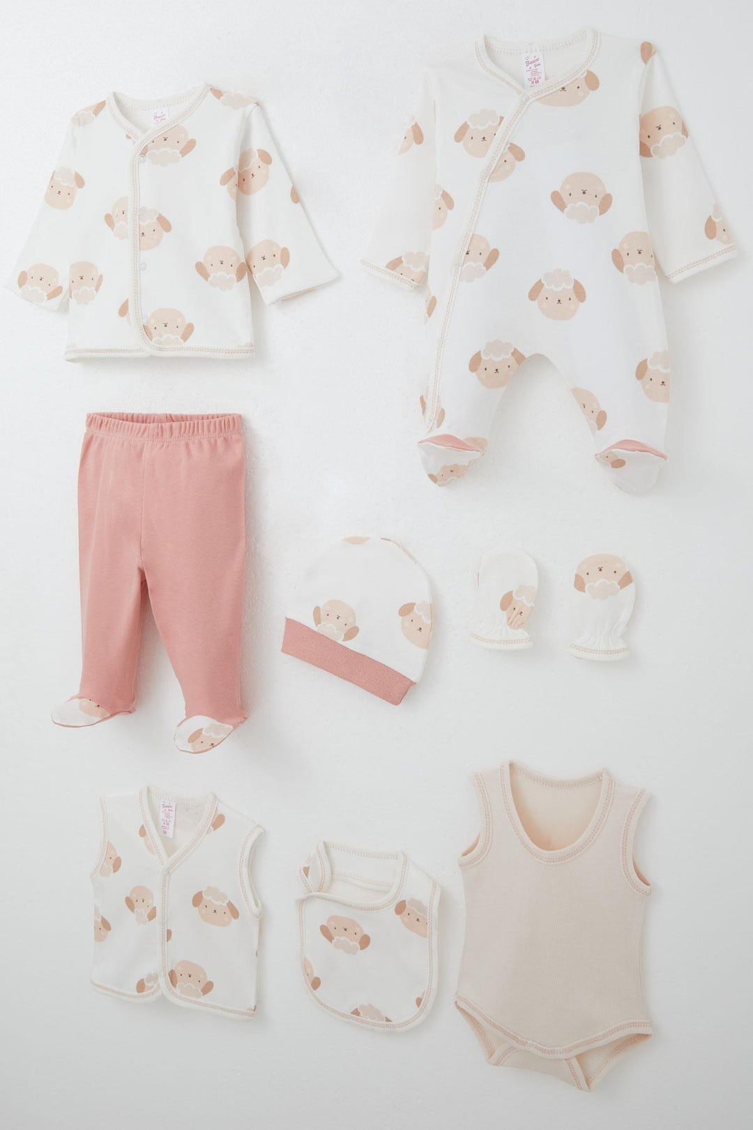 BRE Breeze Baby Girl Hospital Outfit 8 Piece Cute Lamb Patterned 0-3 Months, White - Monroe