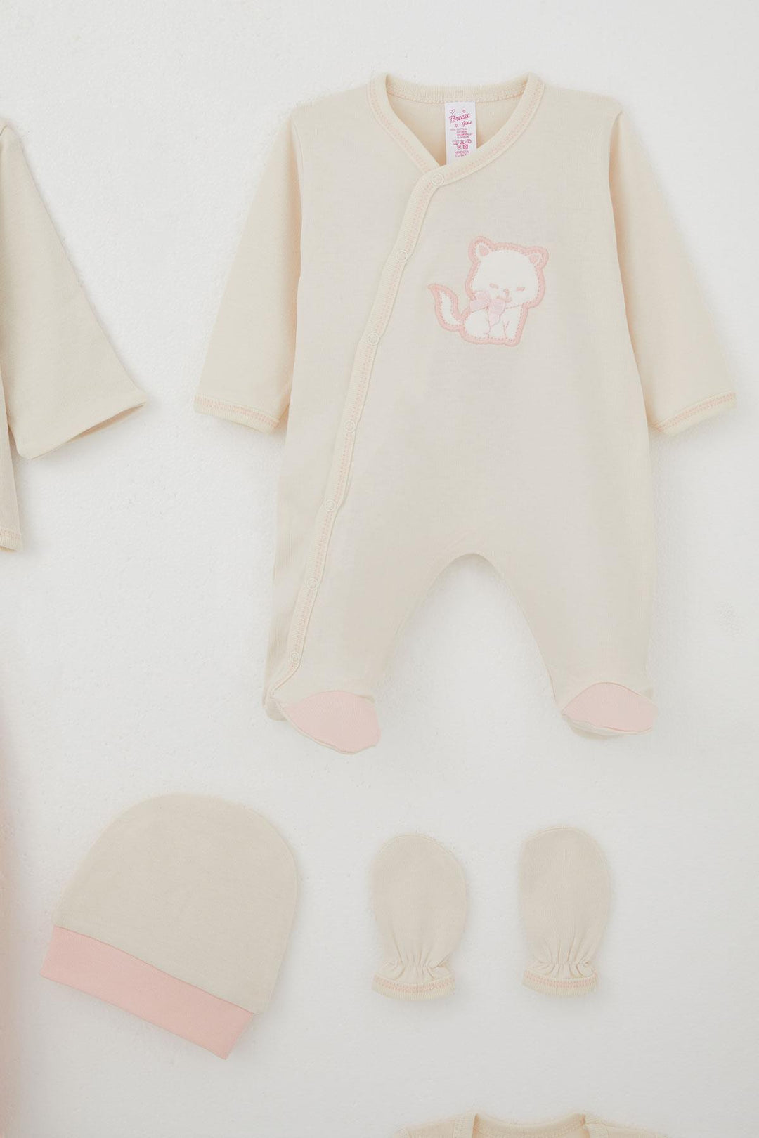 BRE Breeze Baby Girl Hospital Outfit 8 Piece Cute Cat Embroidered Bow 0-3 Months, Cream - Bollate