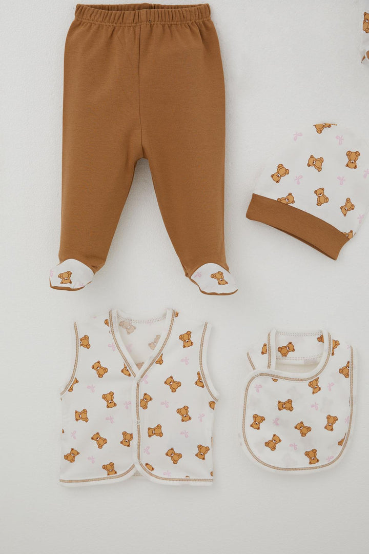 BRE Breeze Baby Girl Hospital Outfit 8 Piece Cute Baby Bear Patterned Bow 0-3 Months, Ecru - Bradford