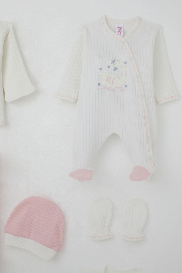 BRE Breeze Baby Girl Hospital Outfit 8 Piece Cute Queen Swan Embroidered 0-3 Months, Ecru - Grays