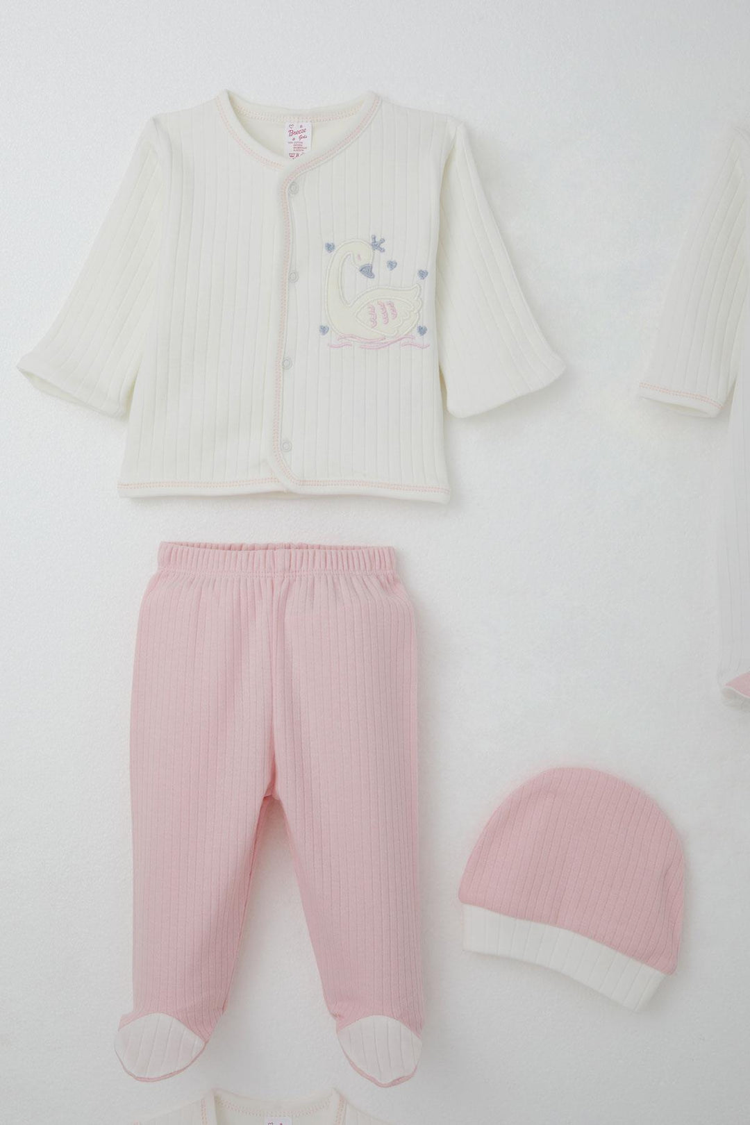 BRE Breeze Baby Girl Hospital Outfit 8 Piece Cute Queen Swan Embroidered 0-3 Months, Ecru - Grays