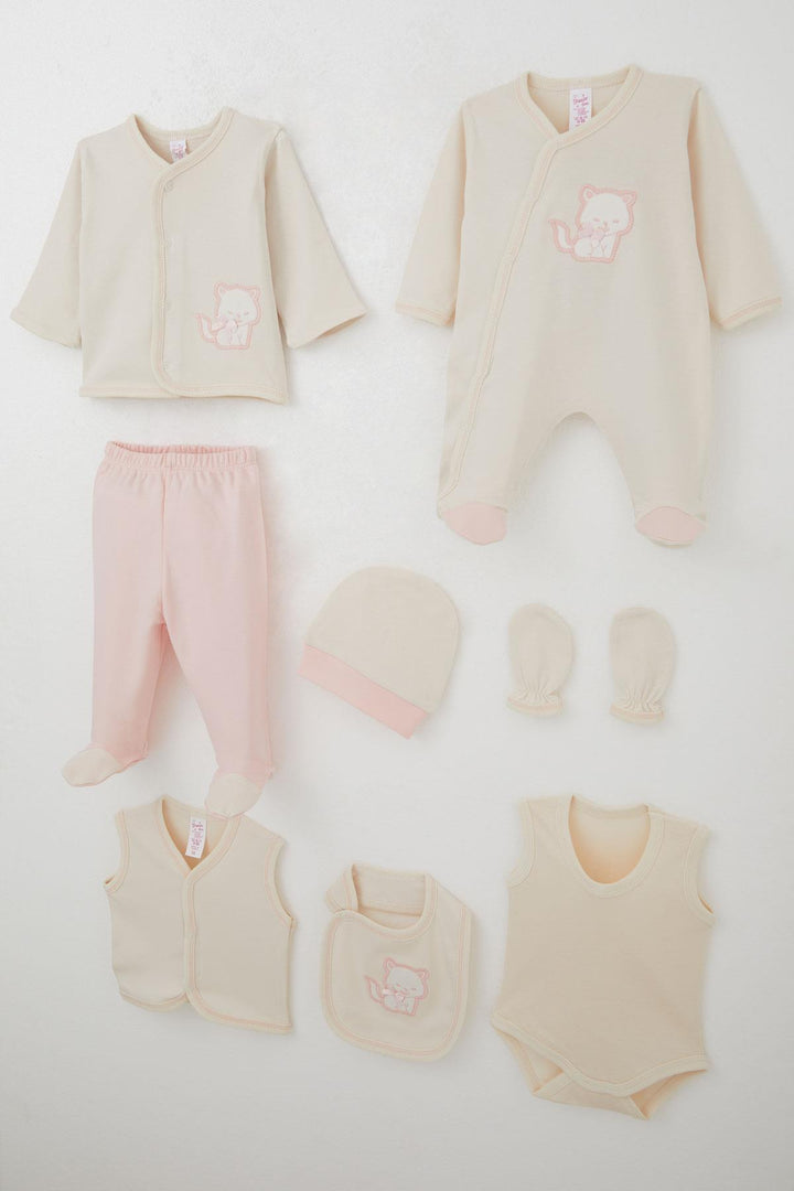 BRE Breeze Baby Girl Hospital Outfit 8 Piece Cute Cat Embroidered Bow 0-3 Months, Cream - Bollate