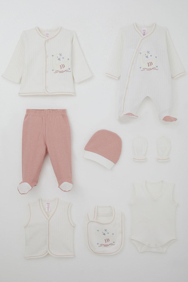 BRE Breeze Baby Girl Hospital Outfit 8 Piece Cute Queen Swan Embroidered 0-3 Months, Ecru - Rouen