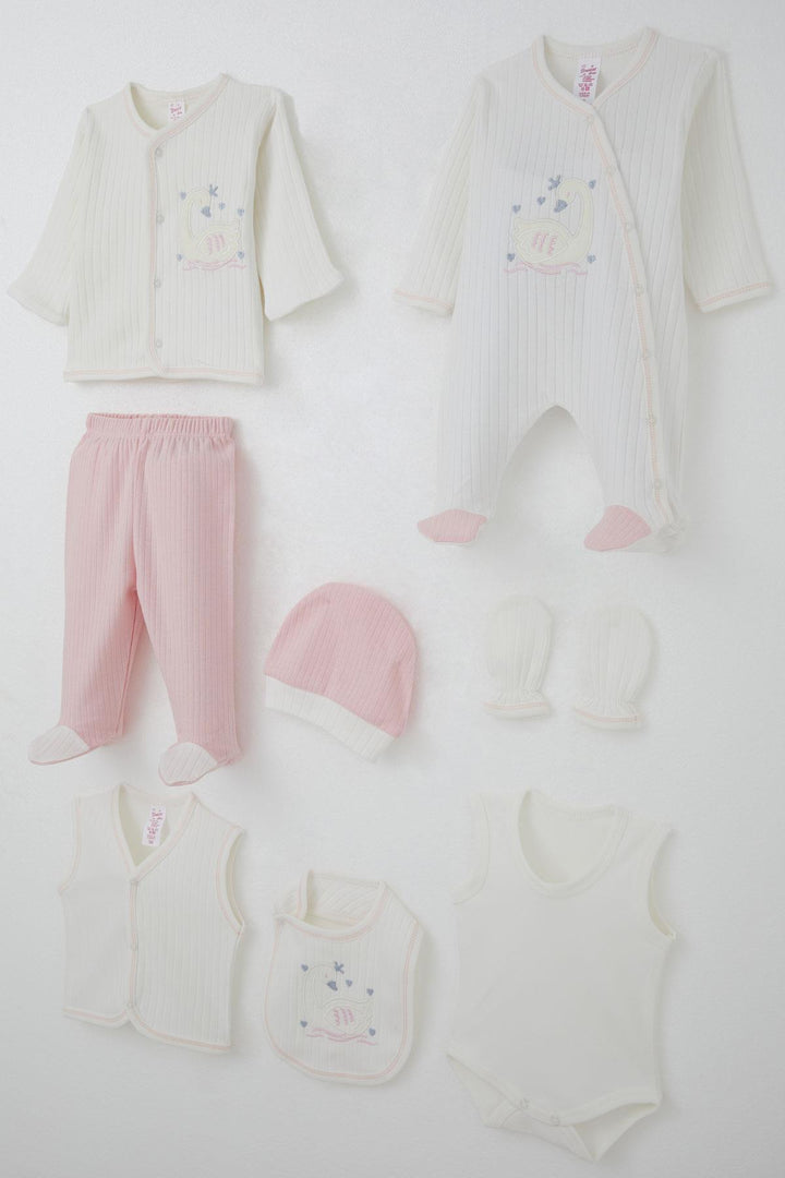 BRE Breeze Baby Girl Hospital Outfit 8 Piece Cute Queen Swan Embroidered 0-3 Months, Ecru - Grays