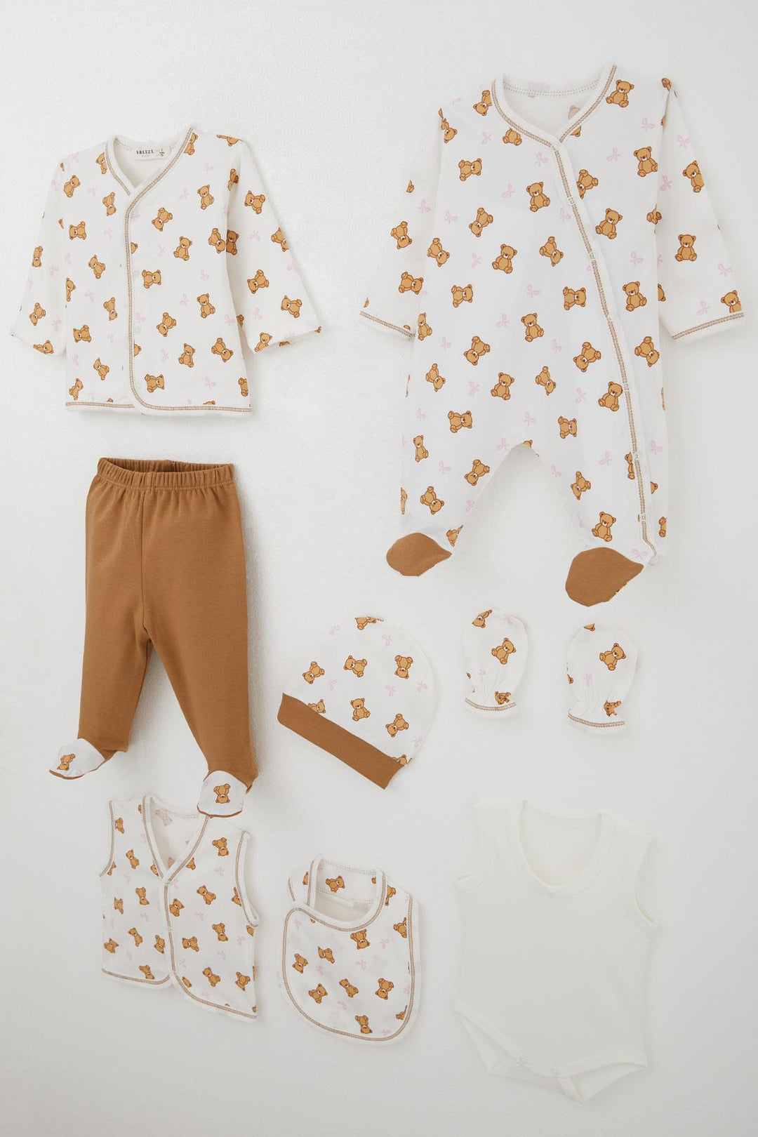 BRE Breeze Baby Girl Hospital Outfit 8 Piece Cute Baby Bear Patterned Bow 0-3 Months, Ecru - Bradford