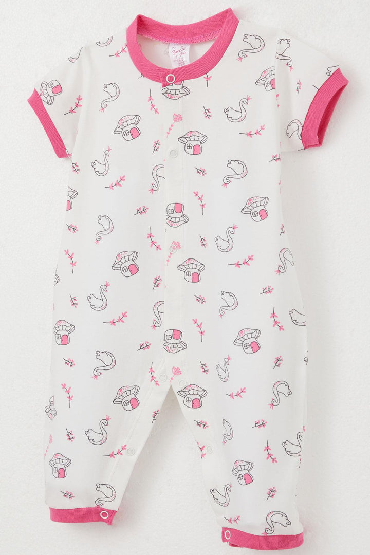 BRE Breeze Baby Girl Short Sleeve Romper Mushroom House & Princess Swan Patterned 0-6 Months, White - Alpharetta