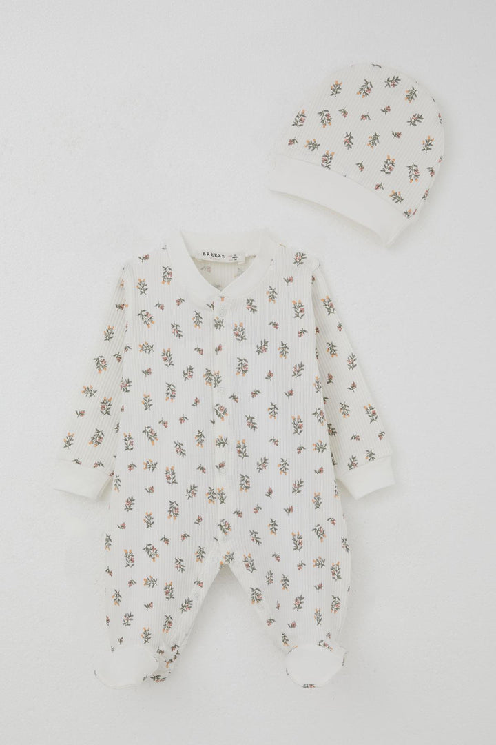 BRE Breeze Baby Girl Romper with Socks Flower Patterned 0-6 Months, Ecru - Grimsby
